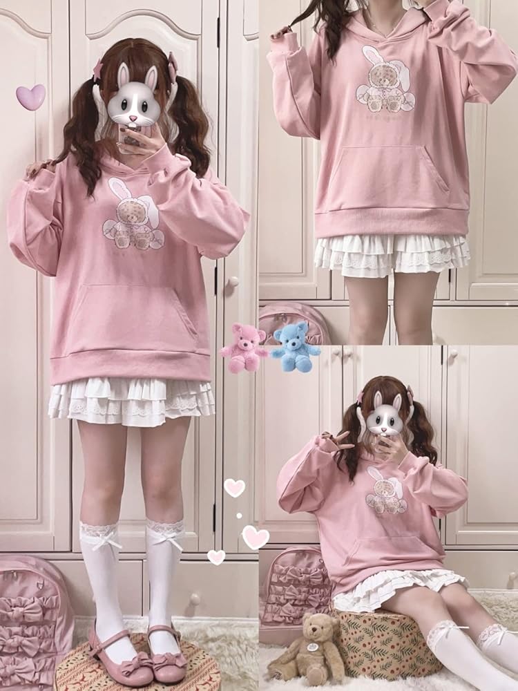 Kawaii Bear Bunny Hoodie Pocket Casual Loose Sweatshirt Teen